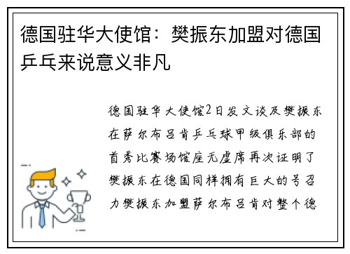 德国驻华大使馆：樊振东加盟对德国乒乓来说意义非凡